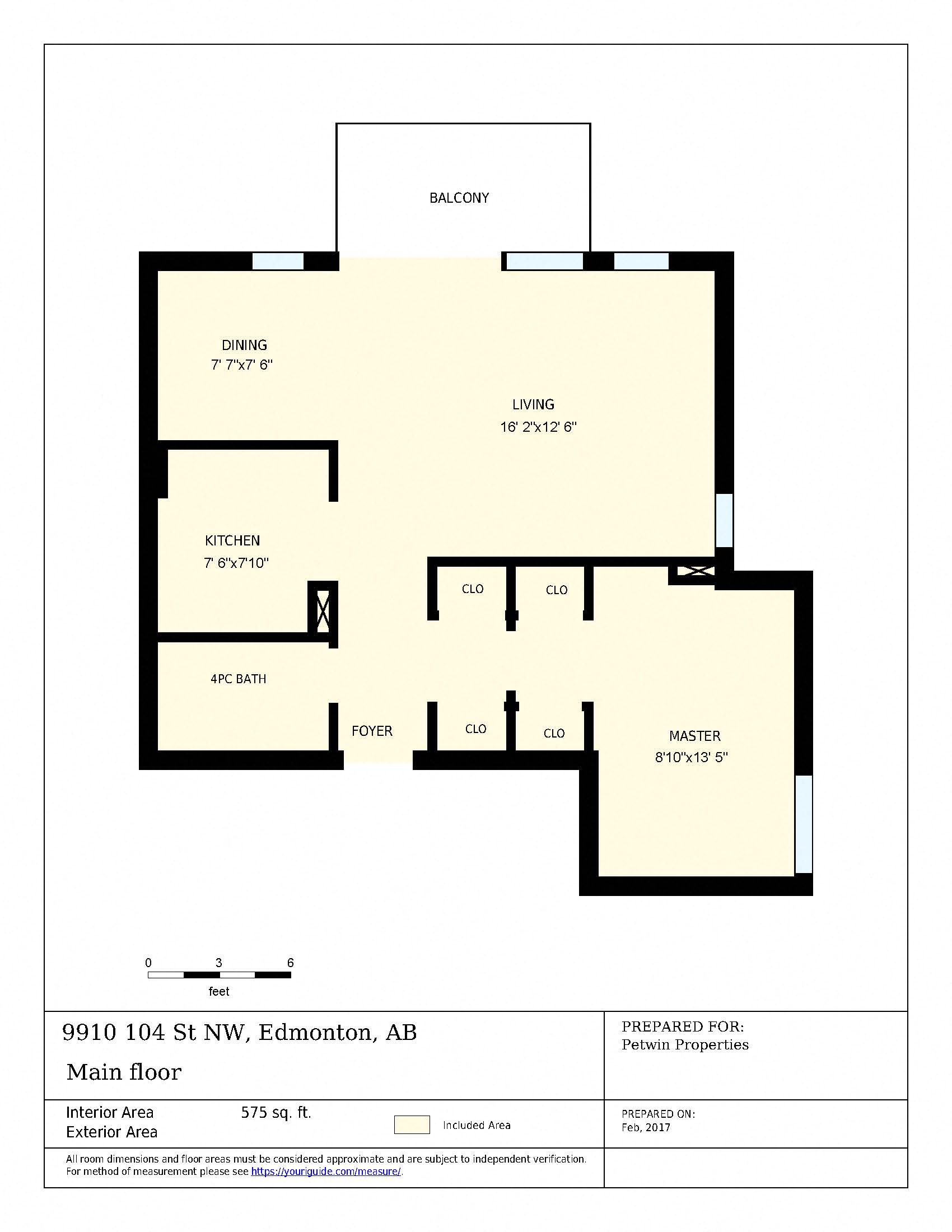 Floor plan for 1 bed, 1 bath, 575 sqft